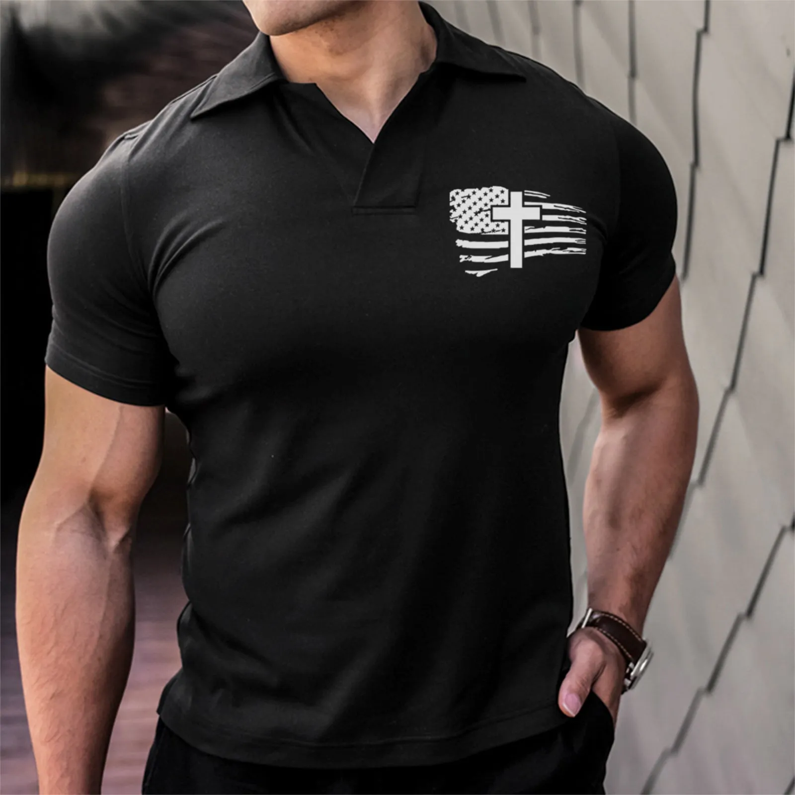CROSS USA FLAG ACTIVE DRY-FIT MOISTURE WICKING  GRAPHIC POLO SHIRT
