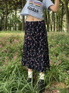 Girlary Y2k Vintage Long Floral Skirt Women Fairy Core Low Waist Bodycon Patchwork Midi Pencil Skirt Autumn Mori Girl Style