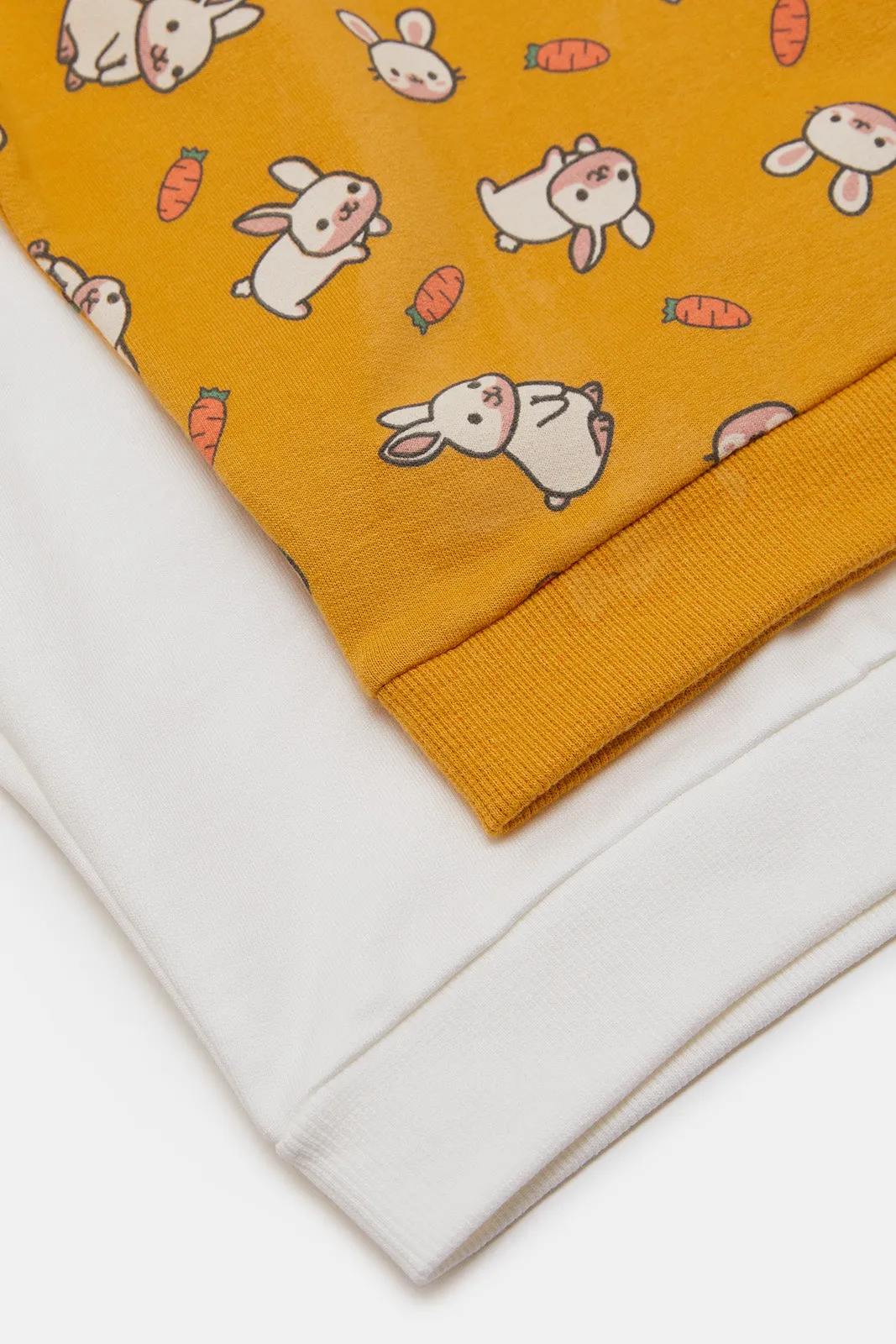 Infant Girls Mustard And White Printed Sweatshirt Set (2 Piece)