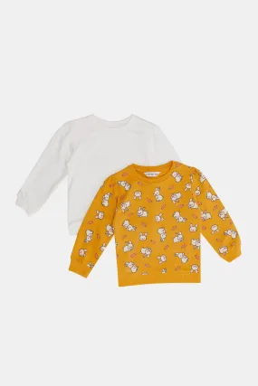 Infant Girls Mustard And White Printed Sweatshirt Set (2 Piece)