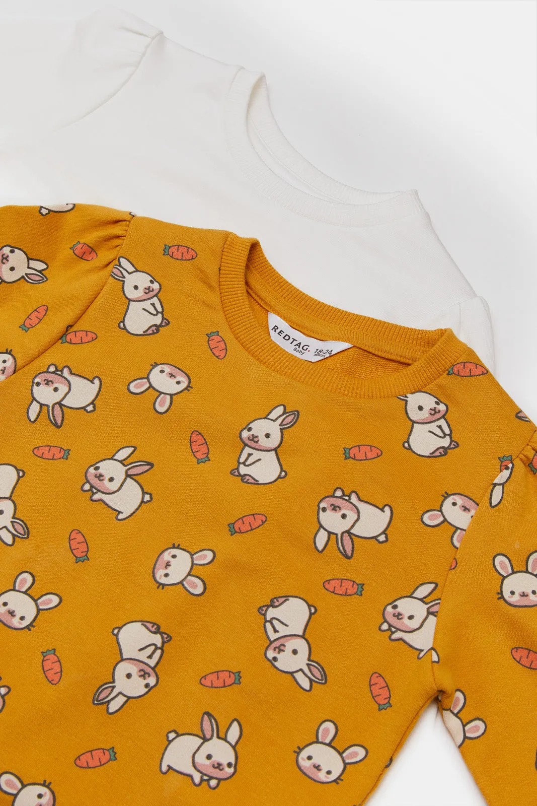 Infant Girls Mustard And White Printed Sweatshirt Set (2 Piece)