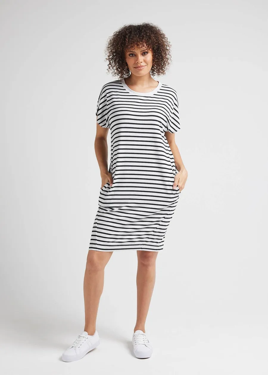 Nicks Bamboo Short Sleeve T-Shirt Dress - Grey Marle & Black Stripe