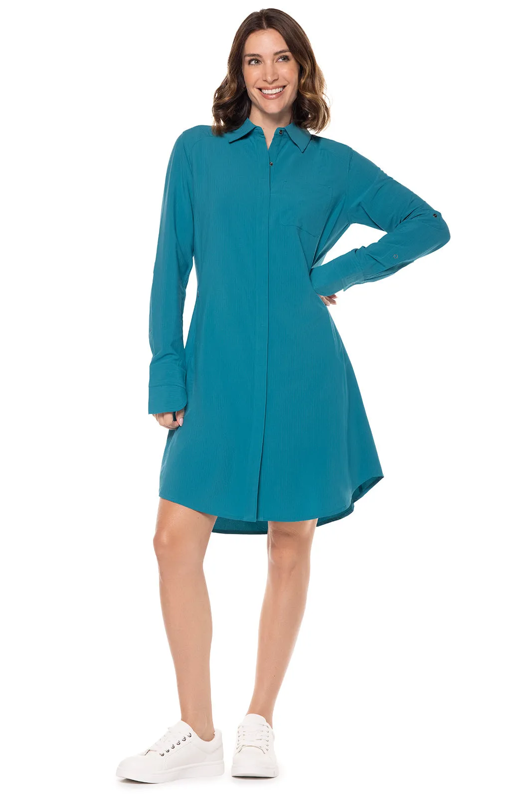 Women's Malta Travel Shirt Dress  |  Tahitian Teal Shadow Stripe