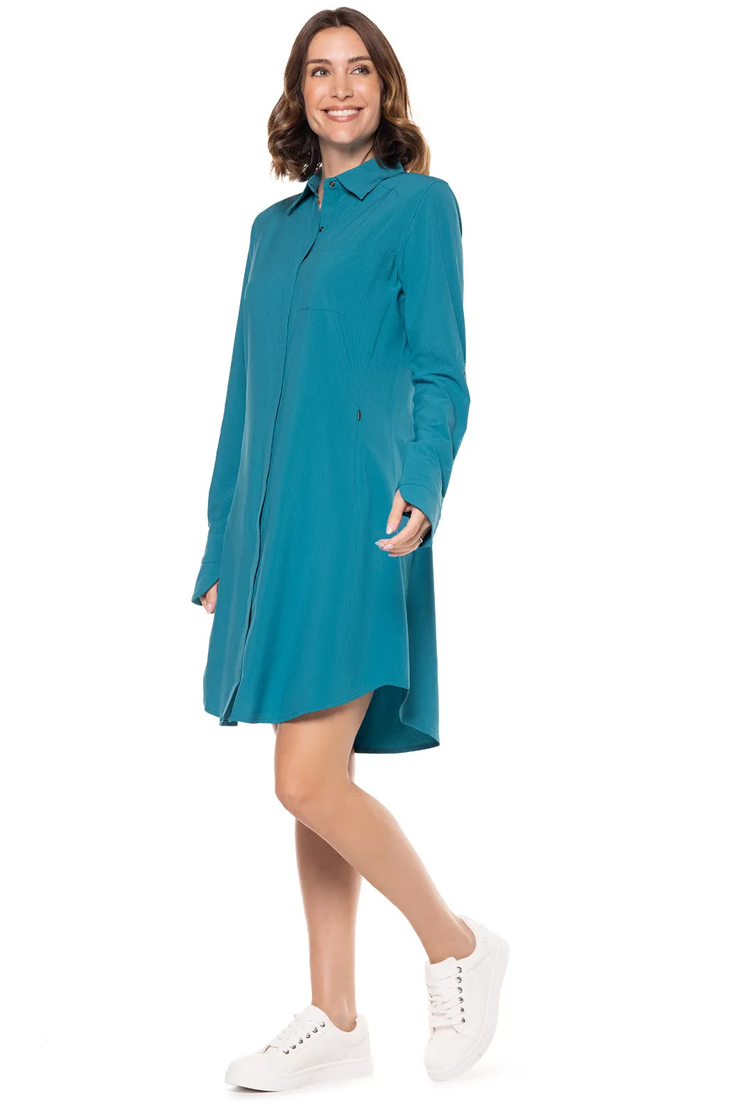 Women's Malta Travel Shirt Dress  |  Tahitian Teal Shadow Stripe