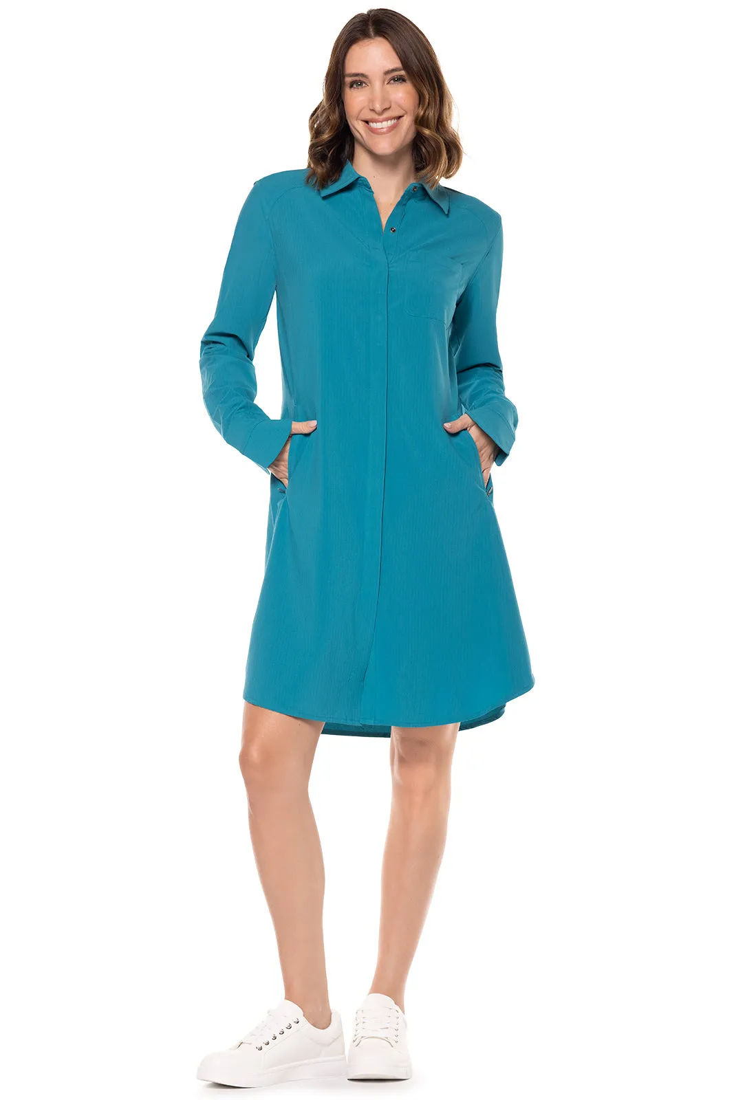 Women's Malta Travel Shirt Dress  |  Tahitian Teal Shadow Stripe